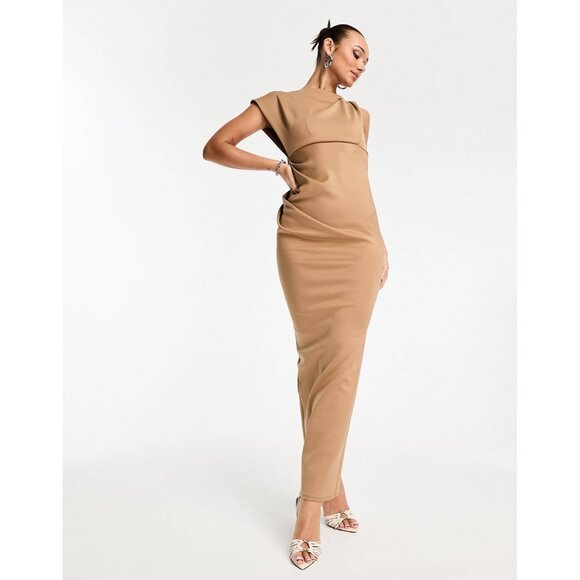 ASOS DESIGN Asymmetric Back Slit Maxi Dress Camel size 0 - Picture 2 of 15